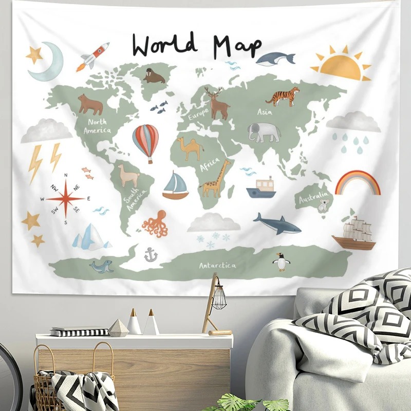Kids Education Background - Cartoon World Map Animal Tapestry Polyester