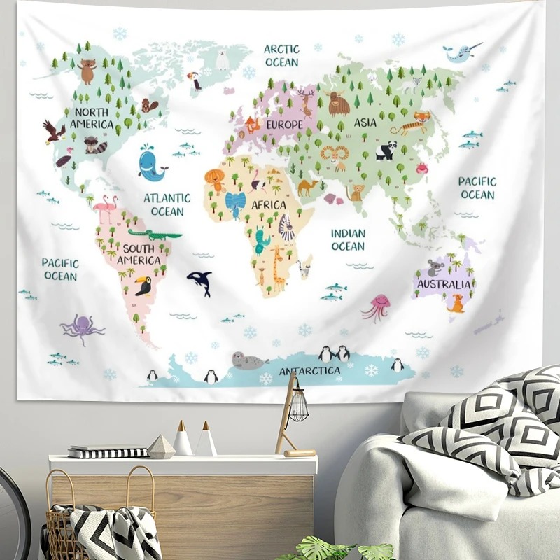 Cartoon World Map Animal Tapes - Kids Education Background recension och pris